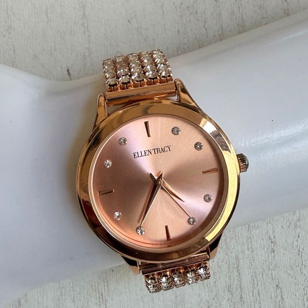 Ellen Tracy Rose Gold Tone Crystal Stretch Watch